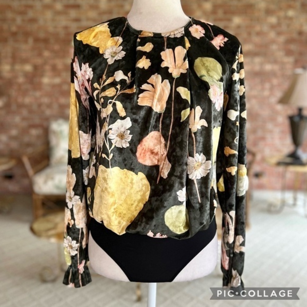 Zara Green Floral Velour Velvet Long Sleeve Bodysuit S Cocktail Chic Mod